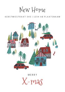 Kerst verhuiskaart met huisjes en auto in winterlandschap