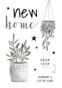 Kerst verhuiskaart new home met planten en sterren