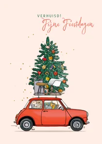 Kerst verhuiskaart rood met kerstboom