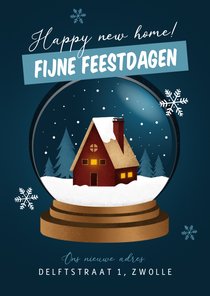 Kerst verhuiskaart sneeuwbol huis fijne feestdagen huisje