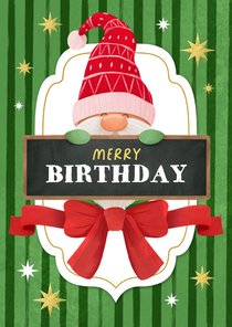 Kerst verjaardagskaart gnome kabouter strik merry birthday