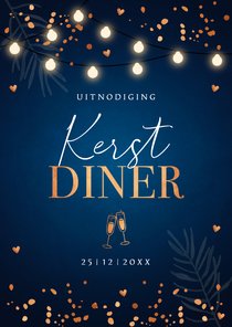 Kerstdiner uitnodiging blauw confetti koperlook