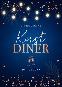 Kerstdiner uitnodiging blauw confetti koperlook