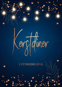 Kerstdiner uitnodiging blauw confetti koperlook