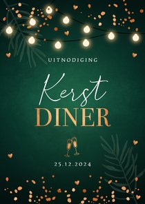 Kerstdiner uitnodiging donkergroen confetti lampjes