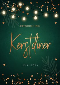 Kerstdiner uitnodiging donkergroen confetti lampjes