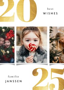 Kerstkaart 2025 best wishes goudlook met 3 foto's