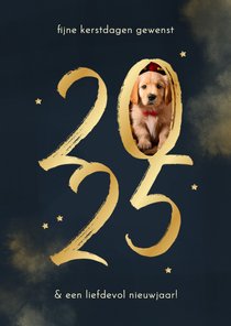 Kerstkaart 2025 goud met foto en sterretjes