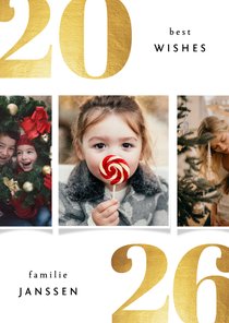 Kerstkaart 2026 best wishes goudlook met 3 foto's