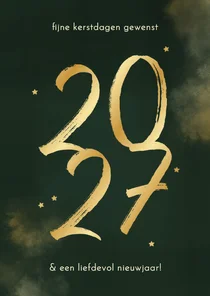Kerstkaart 2027 donkergroen goud waterverf sterretjes
