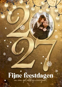 Kerstkaart 2027 goud metaal kerst fijne feestdagen sneeuw