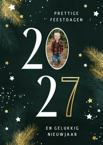 Kerstkaart 2027 met foto kersttakjes en gouden sterren