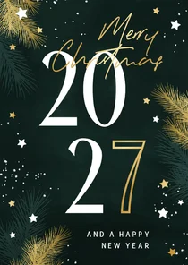 Kerstkaart 2027 met kersttakjes en gouden sterren