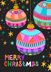 Kerstkaart 3 kleurrijke kerstballen
