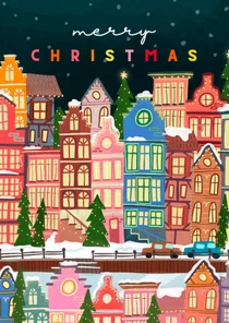 Kerstkaart Amsterdamse kersthuisjes gekleurd
