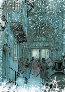 Kerstkaart - Anton Pieck illustratie op weg naar de avondmis