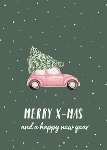 Kerstkaart auto met kerstboom op dak Vrienden GHZ