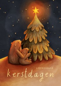 Kerstkaart beertjes bij kerstboom met ster