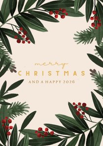 Kerstkaart beige kersttakken rechthoek