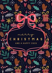 Kerstkaart blauw met patroon en strik rechthoek