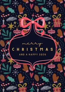 Kerstkaart blauw met patroon en strik rechthoek