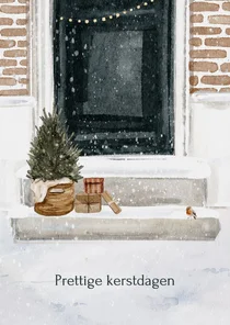 Kerstkaart blauwe voordeur cadeautjes kerstboom
