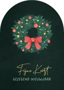 Kerstkaart boogvorm kerstkrans strik christelijk feestdagen