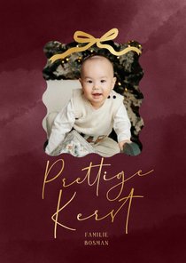 Kerstkaart bordeaux gouden strik foto prettige kerst