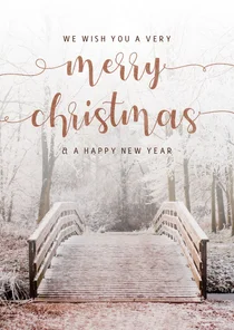 Kerstkaart bos in de winter met brug