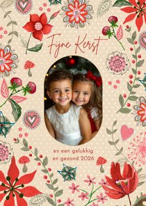 Kerstkaart botanisch beige stippen met bloemen