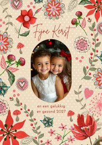Kerstkaart botanisch beige stippen met bloemen