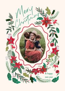 Kerstkaart botanisch bloemen en schulp rand