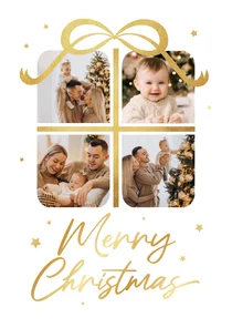 Kerstkaart cadeau kado foto's goud strik sterren