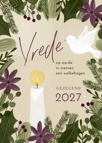 Kerstkaart christelijk vrede botanisch duif en kaars jaartal