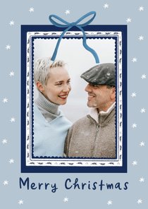 Kerstkaart Delfts blauw foto kader en strik