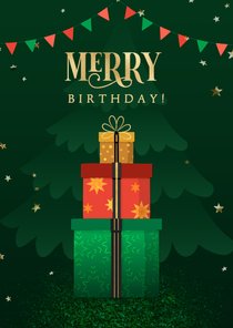 Kerstkaart dennenboom met kerstkado's en gouden sierletters