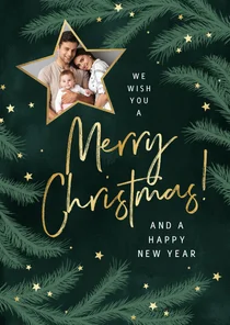 Kerstkaart dennentakjes groen foto sterren goud