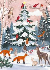Kerstkaart dieren bij de witte kerstboom