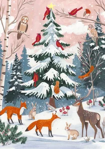 Kerstkaart dieren bij de witte kerstboom