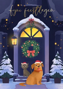 Kerstkaart dieren voordeur kersthuis krans maretak