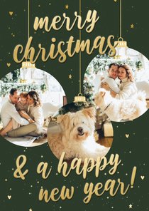 Kerstkaart drie gouden kerstballen met foto's en typografie