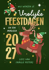 Kerstkaart elfjes rendier magische feestdagen 2027 vrolijk