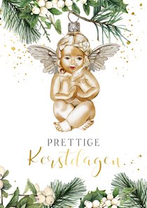 Kerstkaart engeltje ornament aan kersttak