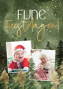 Kerstkaart 'Fijne Feestdagen' kerstbomen goud twee foto's