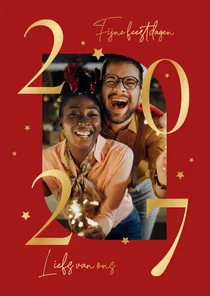 Kerstkaart foto 2027 goud sterretjes fijne feestdagen