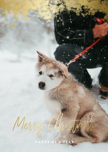 Kerstkaart foto met gouden randje en 'Merry Christmas'