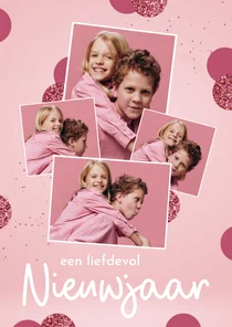 Kerstkaart fotocollage 4 foto's roze confetti nieuwjaar