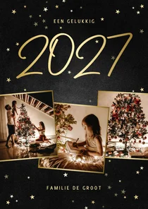 Kerstkaart fotocollage handgeschreven 2027 krijtbord