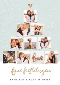 Kerstkaart fotocollage kerstboom goudlook confetti