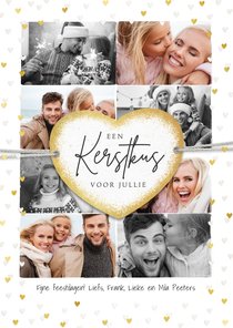 Kerstkaart fotocollage liefde hartjes goud label kus